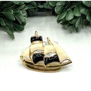 Vintage Gold-Tone and Enamel Sailboat Pin Brooch